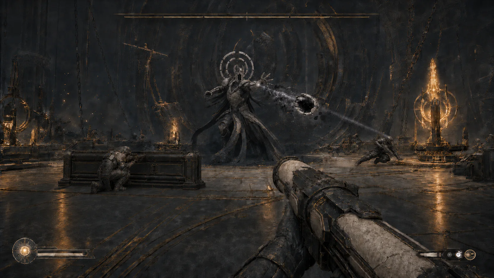 Simulated first-person gameplay: Vael, Third Silence hurls a cold projectile toward a dodging Warden while their teammate fires from behind cover