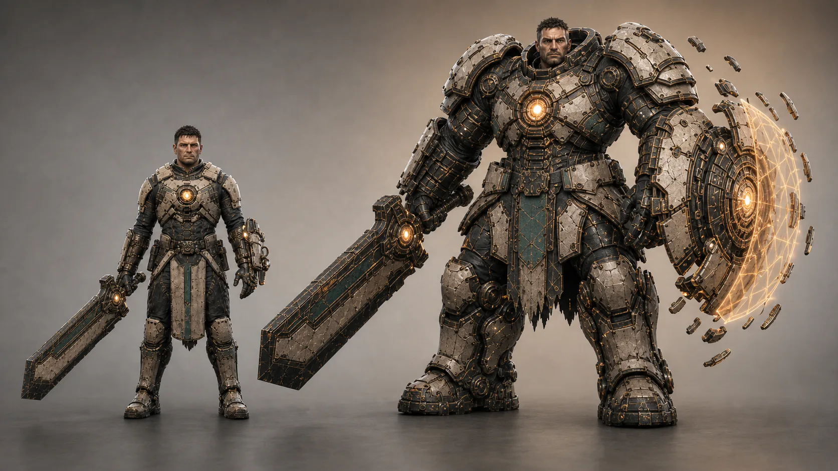 Concept sheet: a Warden beside the Mantle — a hulking Emberlight-forged frame with a furnace-bright core and an assembling lattice shield