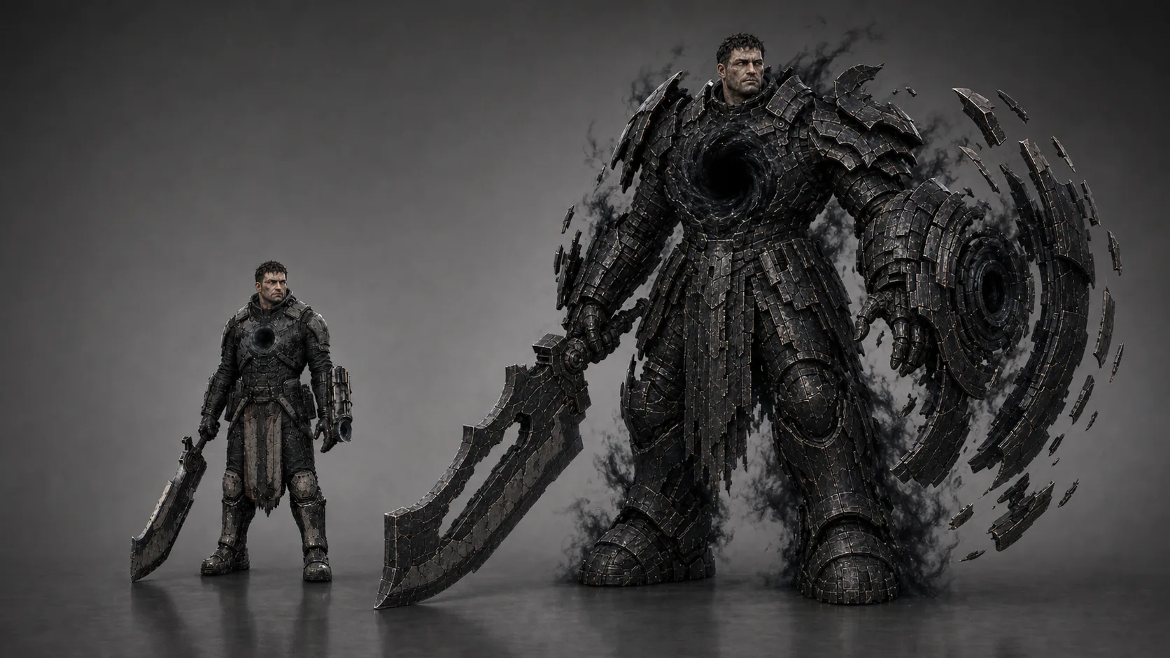 Concept sheet: an Unkindled beside the Pall — the same silhouette built from soot-black plates and a smoke-core of light-consuming absence