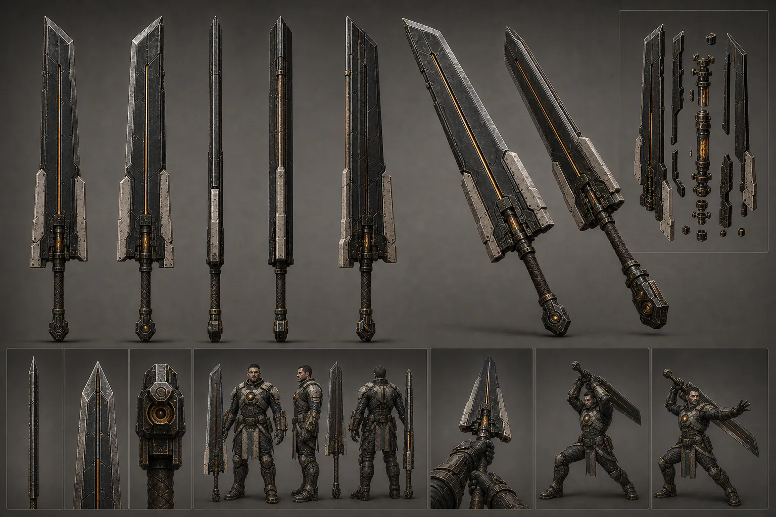 Multi-angle concept model sheet of One Second Long, a black greatsword Brand with a narrow ember channel down the blade