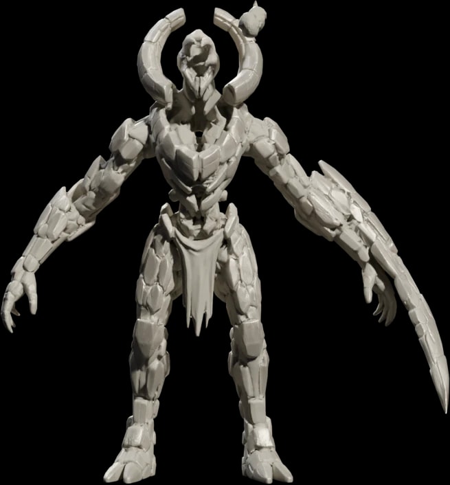 In-engine model of a Husk: a lean bone-ceramic figure with a broken halo and a bladed forearm