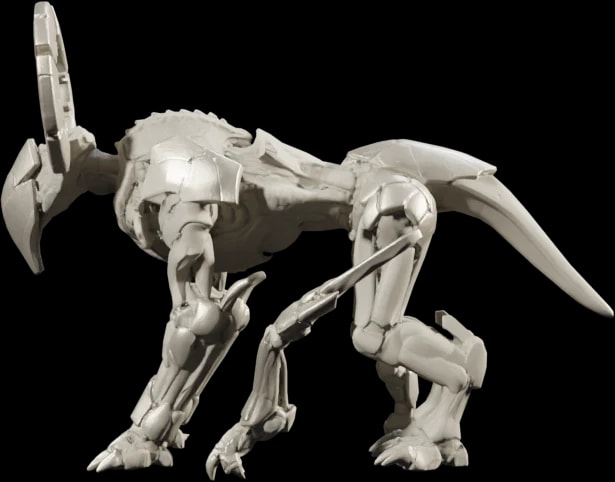In-engine model of a Rasp: a four-legged bone-ceramic hunter with a crested head and clawed feet