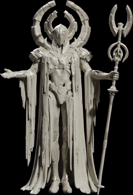 In-engine model of Vael, Third Silence: a robed bone-ceramic figure with a double halo and staff