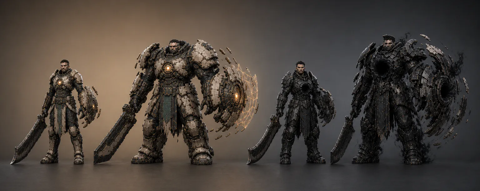 Scale lineup: Warden, Mantle, Unkindled, and Pall silhouettes side by side