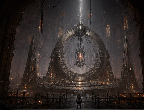 Concept keyframe: a lone Warden faces the hush-ring, a vast unfinished ring of gravebuilt metal with a dimmed Ember caged at its center