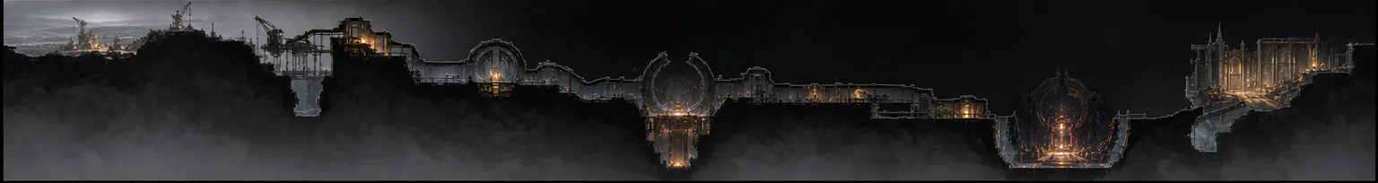 Panoramic concept cutaway of the whole strike route: from the mining shelf on the surface, down through galleries and the broken forge-ring, to the glowing deep chamber