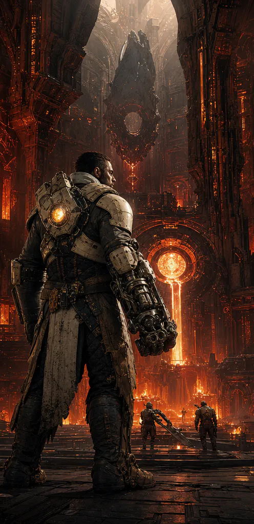 Concept vista: a Warden overlooks a monumental molten foundry glowing vermilion and gold
