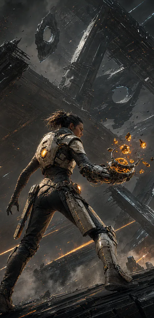 Concept vista: a Warden readies Emberlight against a gray, hushed industrial ruin